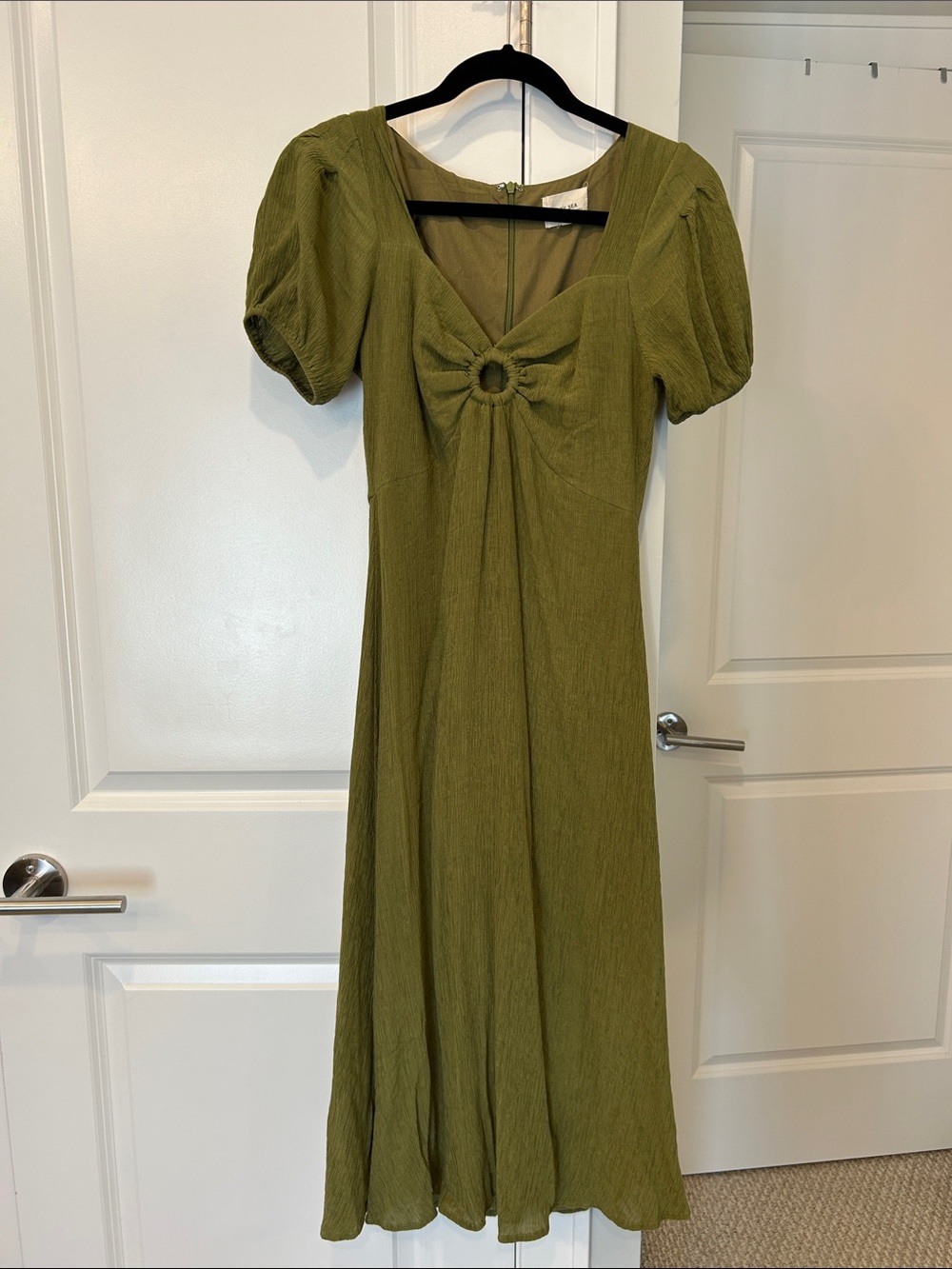 Olive Green Midi Dress with Ring Front and Puff Sleeves